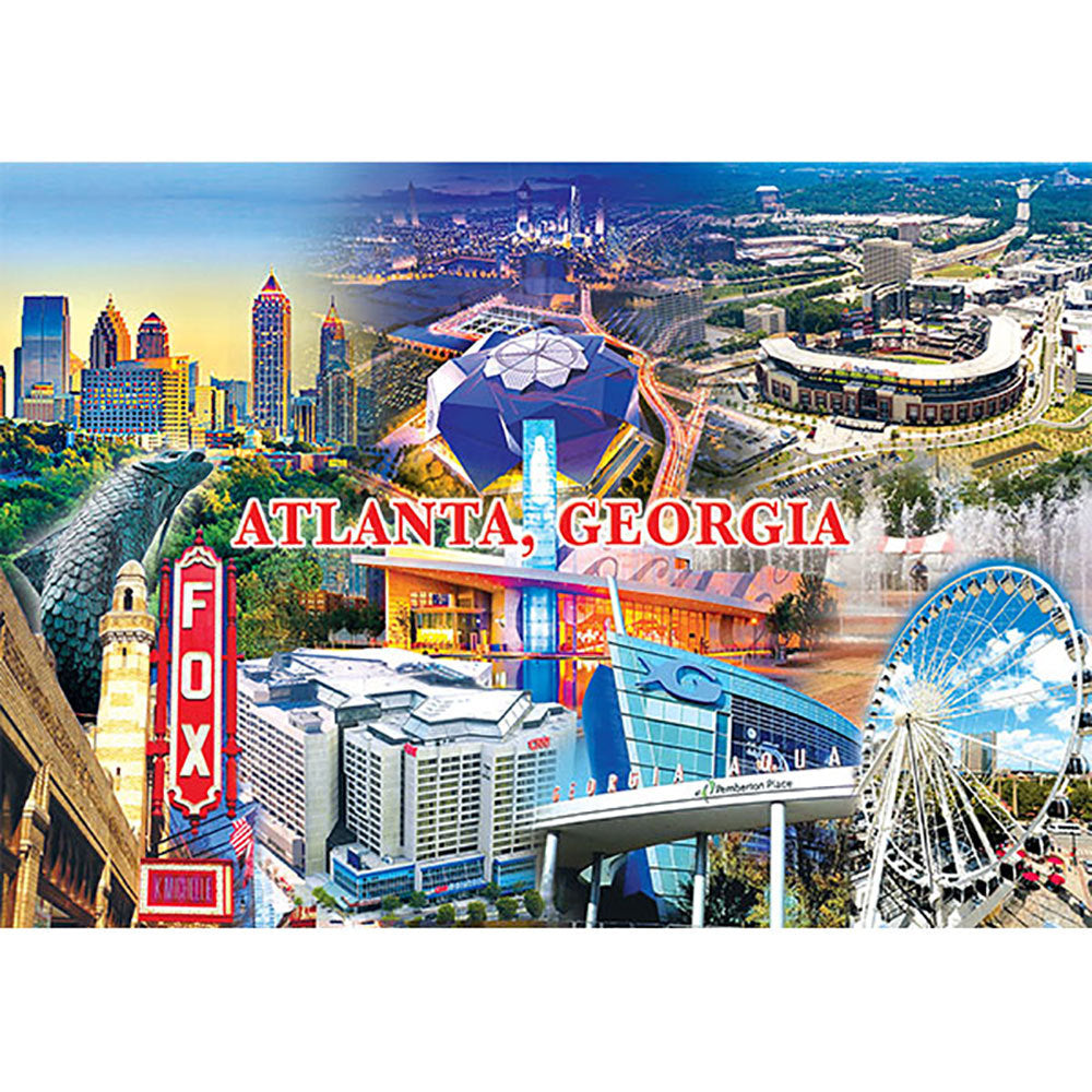 Colorful collage of Atlanta images on postcard including Fox Theatre, Atlanta Ferris Wheel, Mercedes Benz Stadium