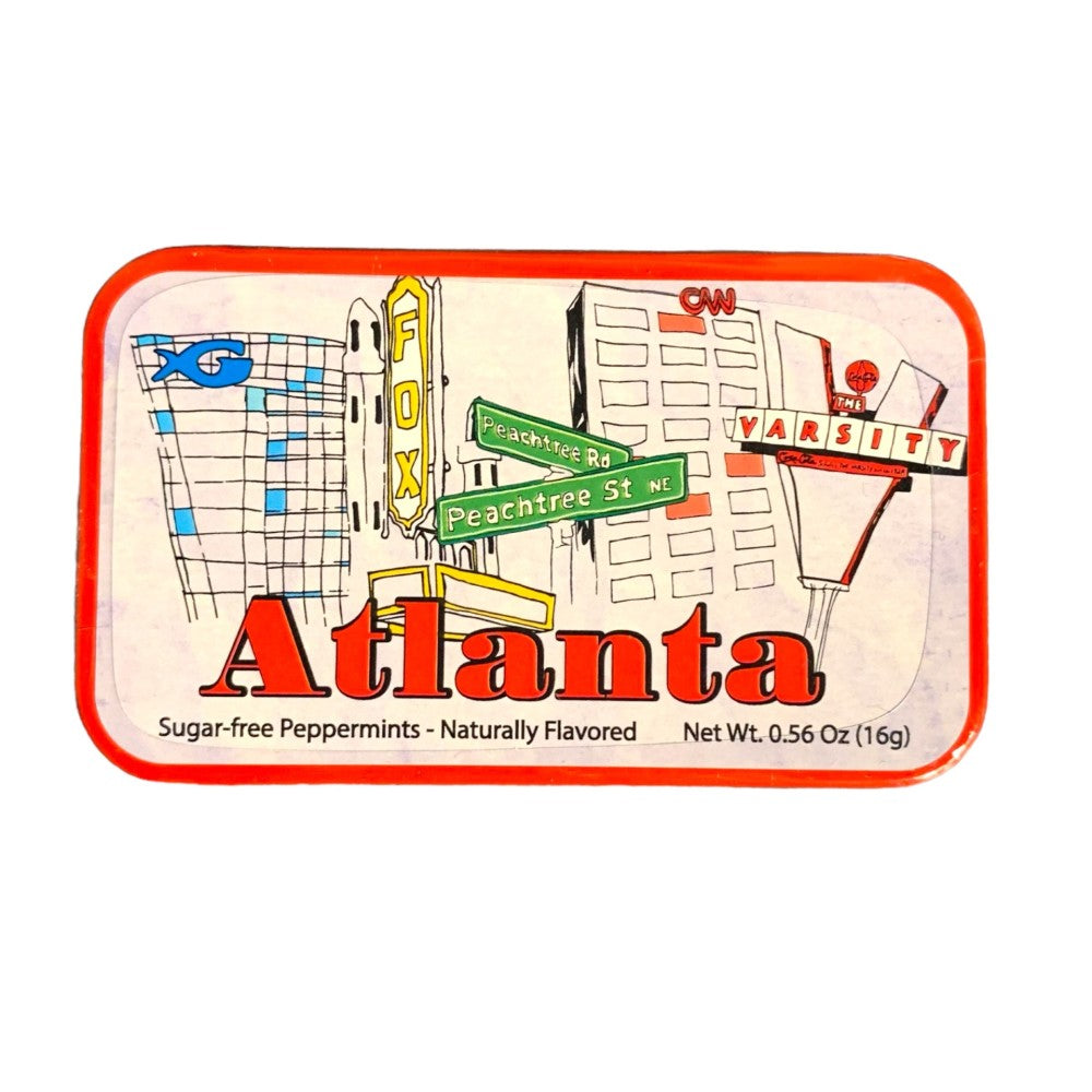 Tin of sugar-free peppermints with a collage image of Atlanta attractions