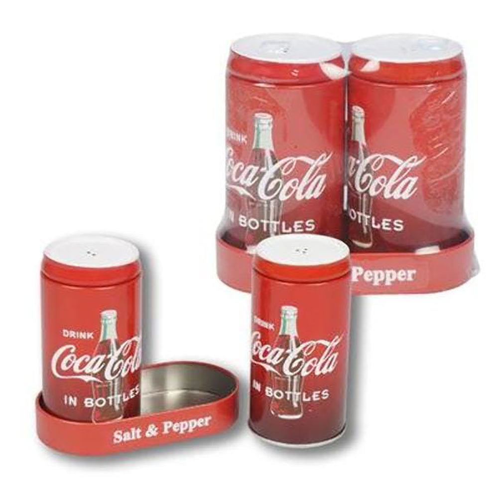 Salt and pepper shakers with Coca Cola design and comes in a red metal tin