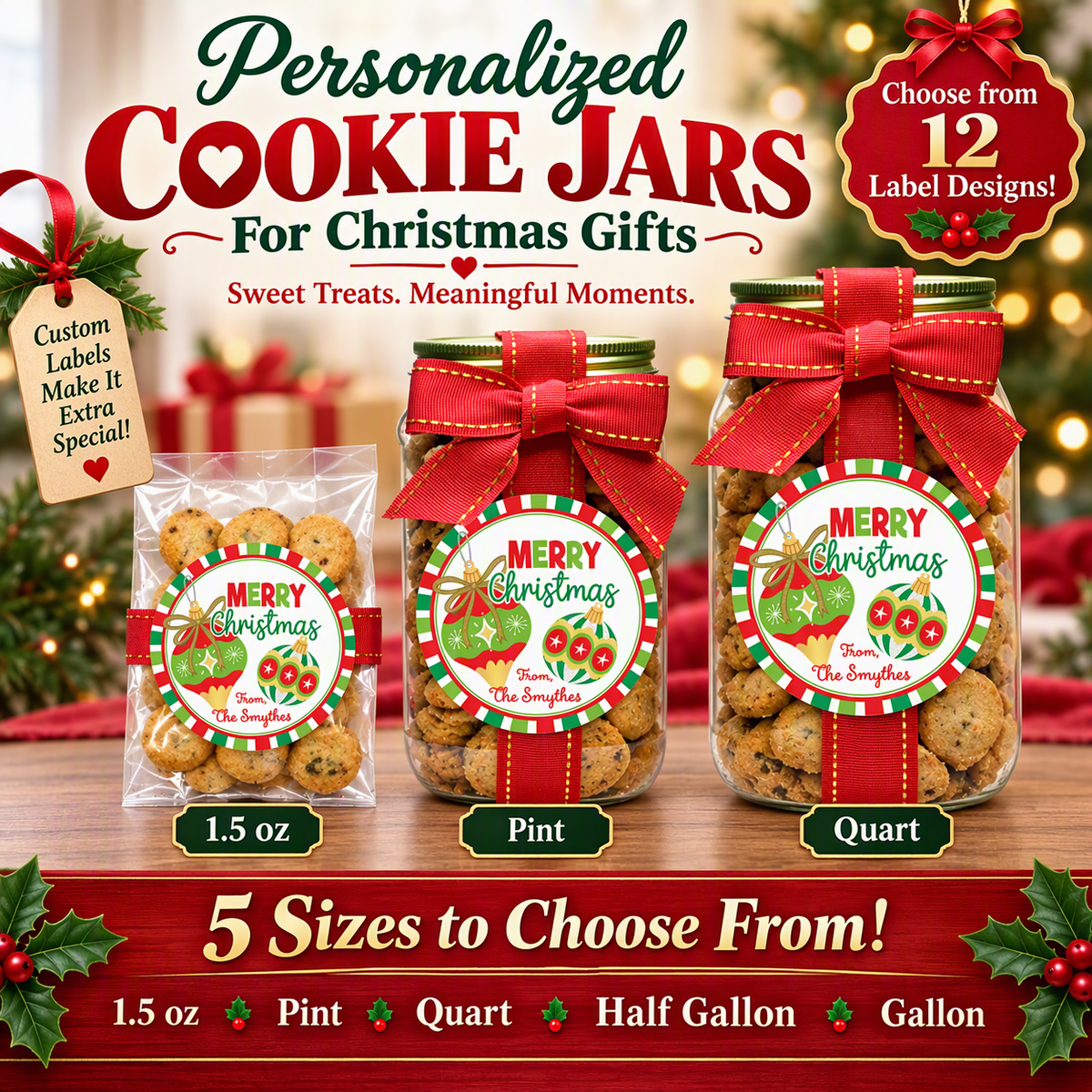 Three cookie jars with red bows and holiday-themed labels are shown on a wooden surface with Christmas lights and ornaments in the background. The image includes promotional text for personalized cookie jars in multiple sizes.