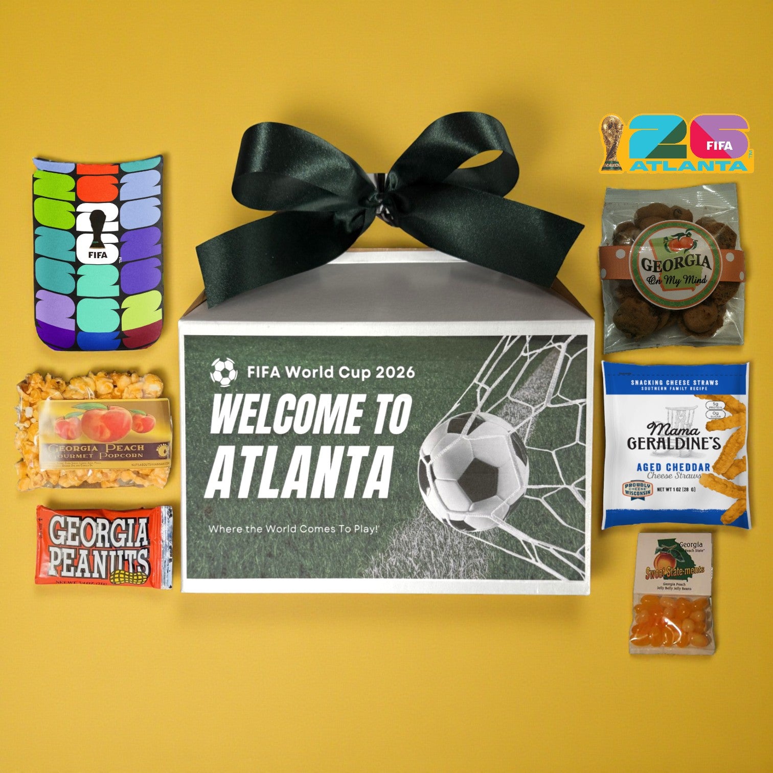 Gift box with FIFA World Cup 2026 branding and snacks on a yellow background
