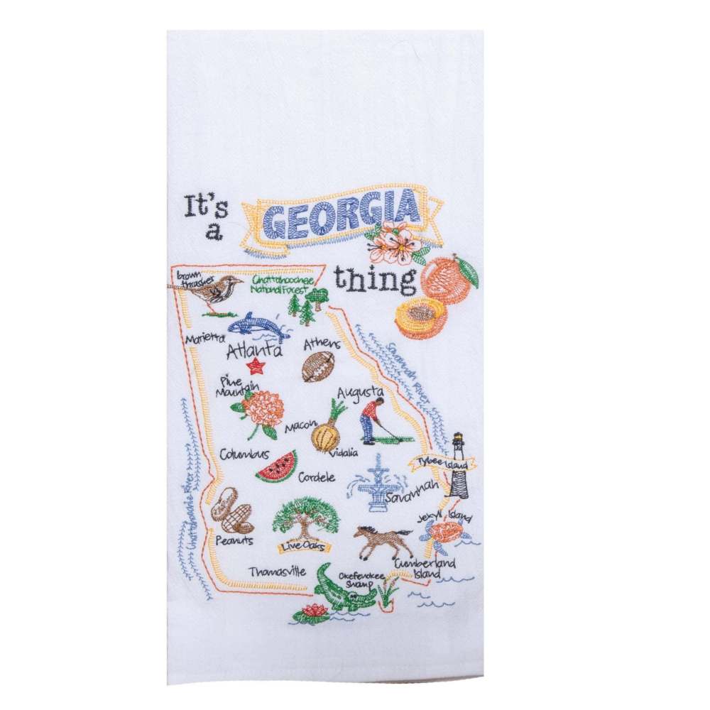 White kitchen towel embroidered with state of Georgia, city names and popular Georgia landmarks