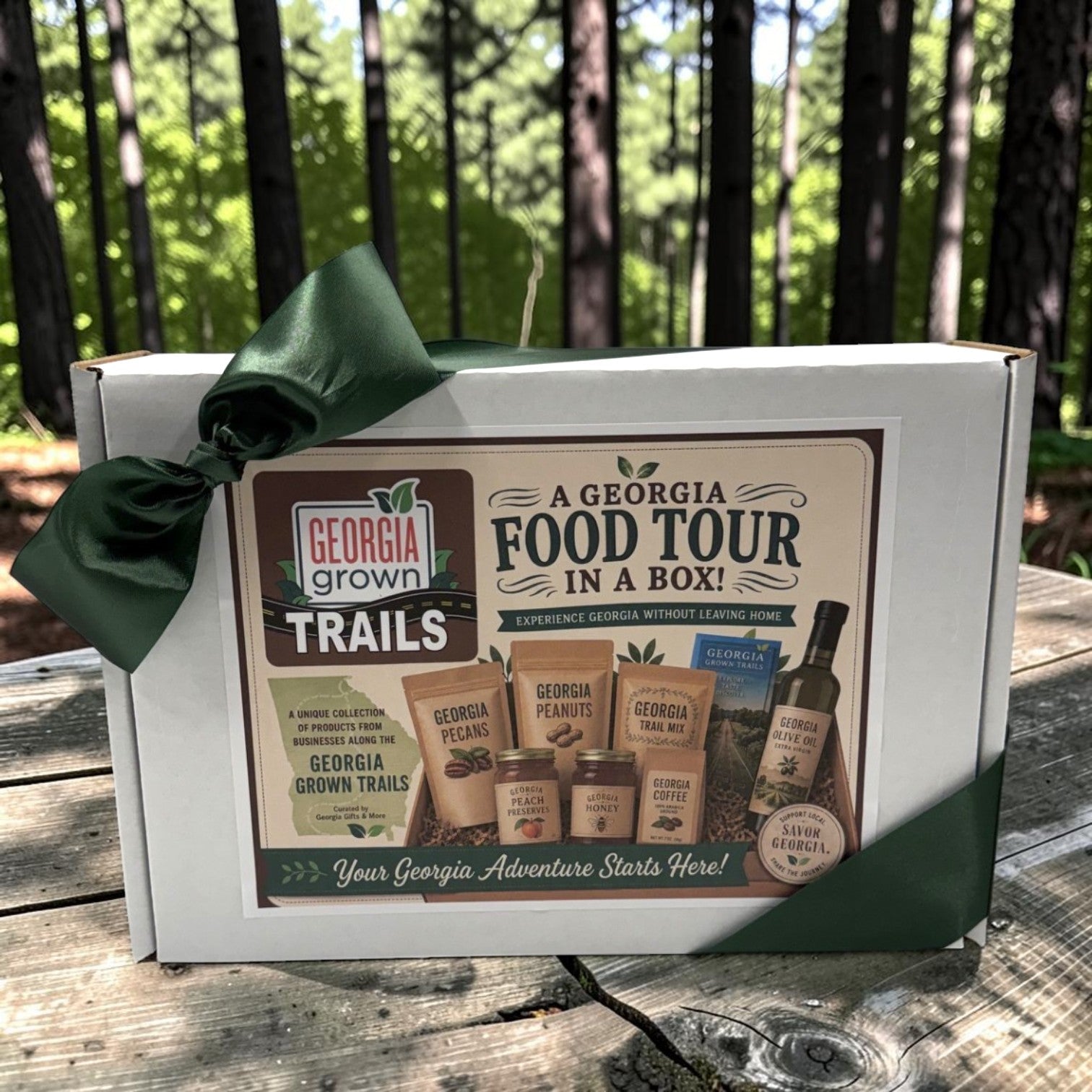 A white gift box tied with a dark green ribbon sits on a wooden table outdoors in a forest setting. The front of the box features a large printed label reading &