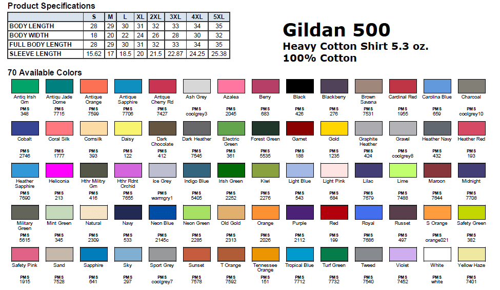 Gildan 500 color chart for heavy cotton shirts with various colors and specifications.