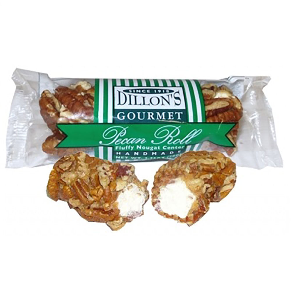 Southern pecan roll from Georgia in clear wrapper and also one pecan roll cut in half showing divinity center