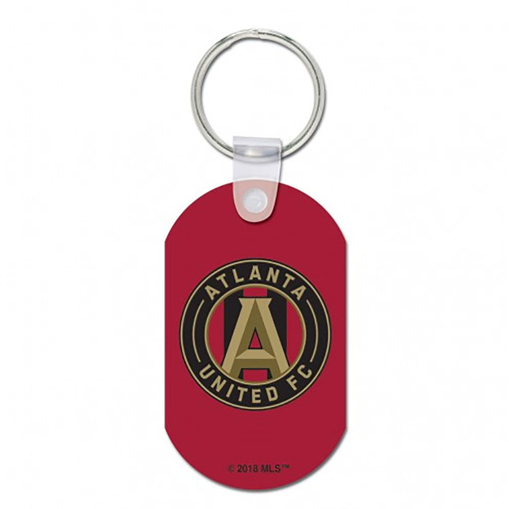 Red oval metal key chain with Atlanta United logo