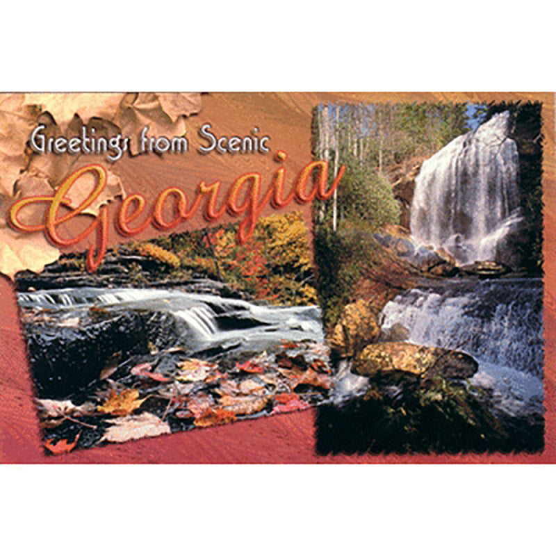 Postcard with scenic view of a Georgia waterfall and autumn leaves, featuring text &