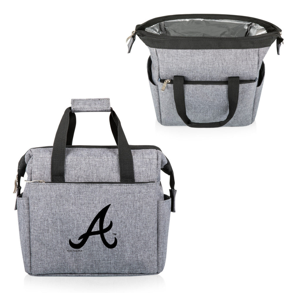Atlanta Braves gray cooler bag with black handles and a logo on a white background