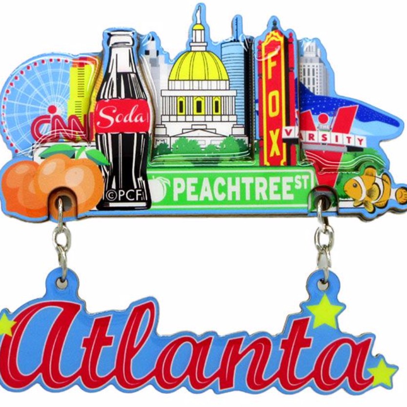 Colorful Atlanta magnet features iconic symbols in a collage with the city name dangling beneath