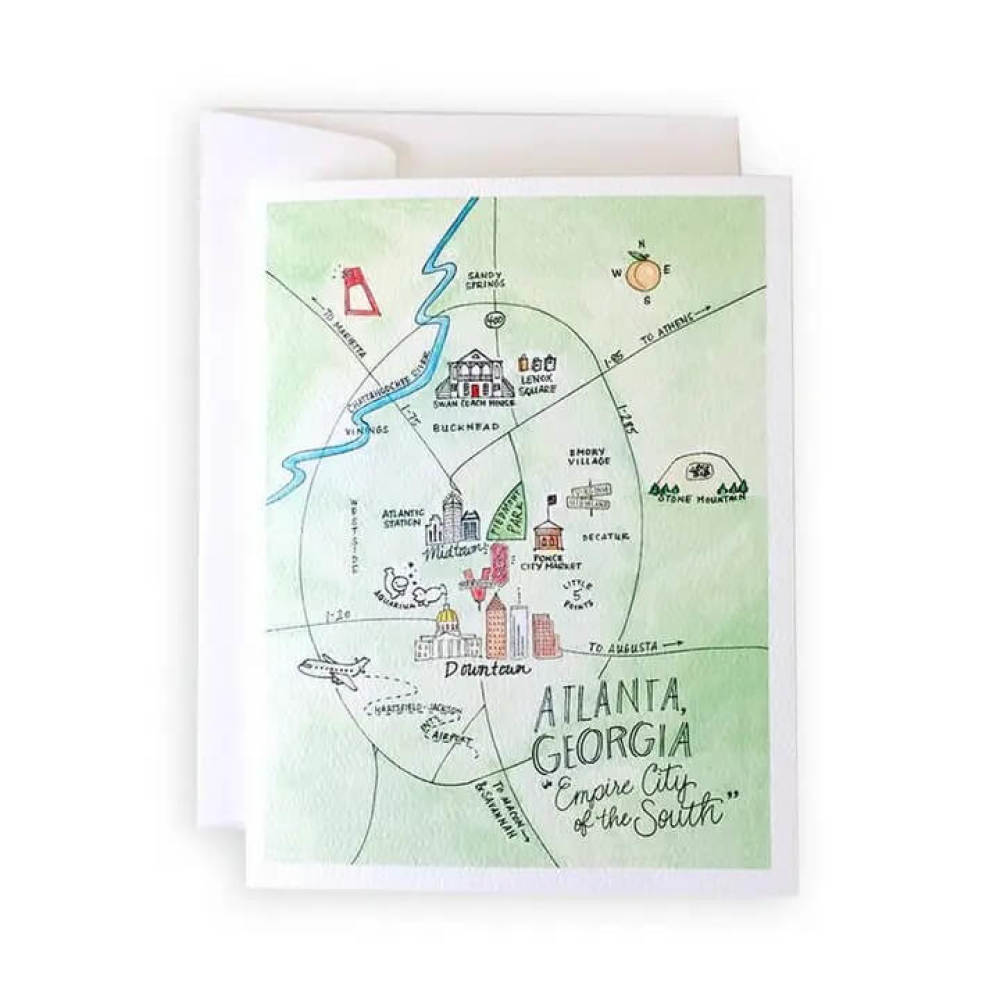 Atlanta note card features a hand drawn map of Atlanta in watercolors