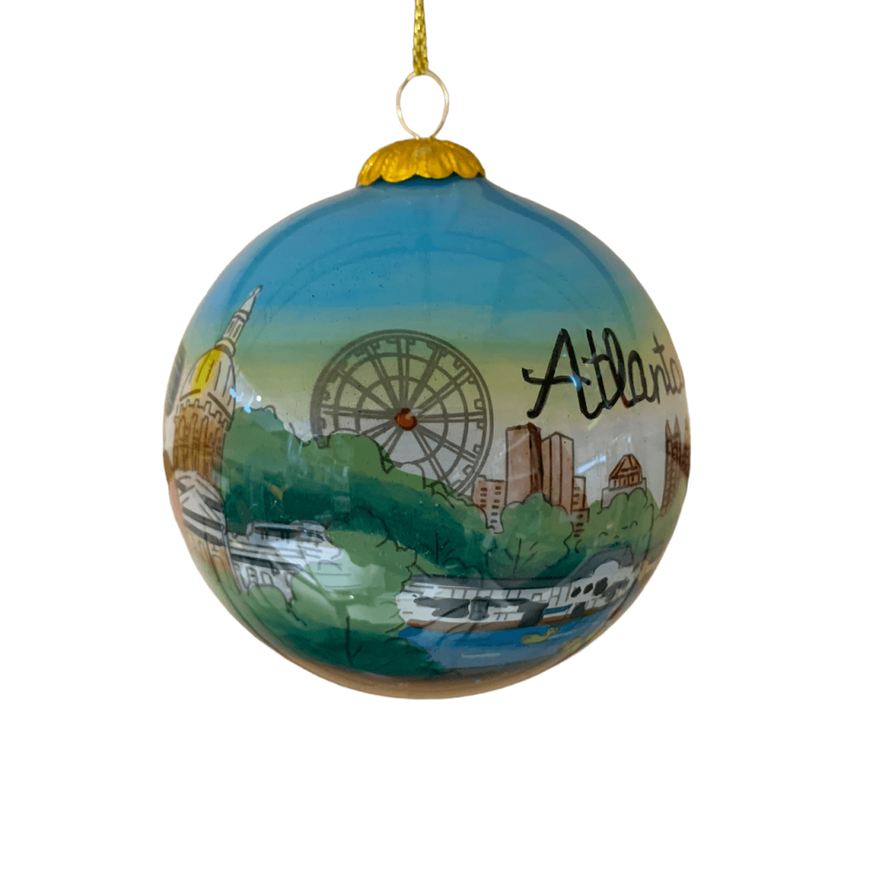 Decorative round ornament with Atlanta skyline on a white background