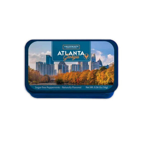 Mints tin with Atlanta skyline design on a white background