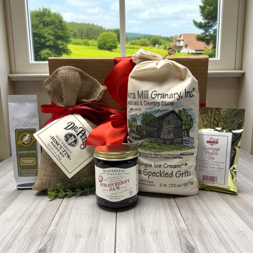 Gift set of stone ground Georgia grits, biscuit mix, preserves and more in a gift box
