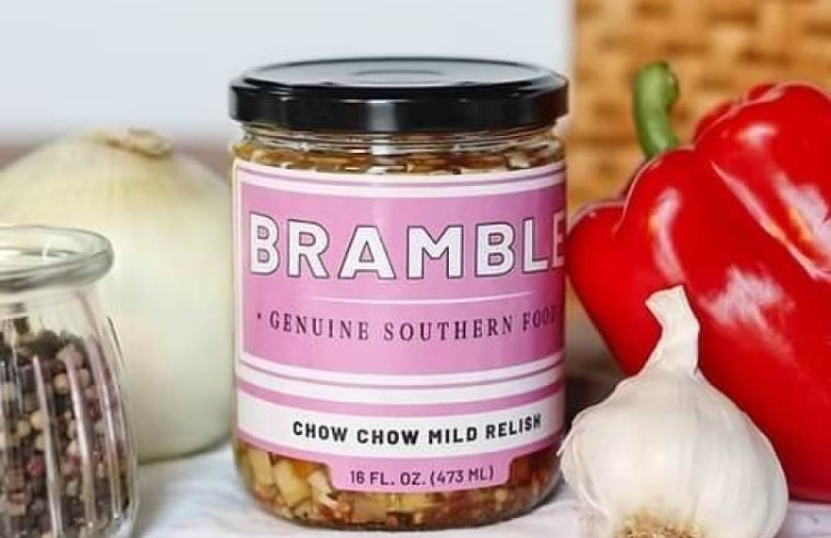 Jar of Bramble Chow Chow Mild Relish with vegetables on a white surface