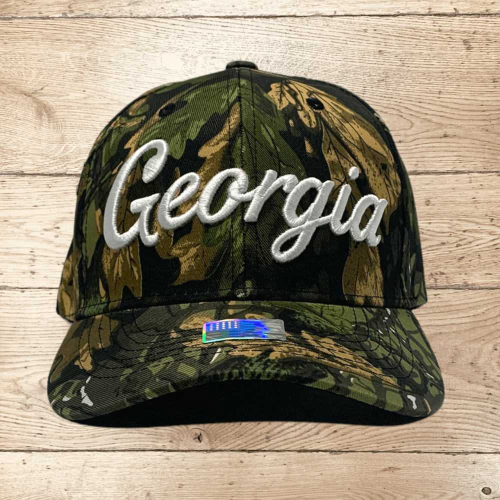 Camouflage baseball cap with Georgia embroidered on the front in white