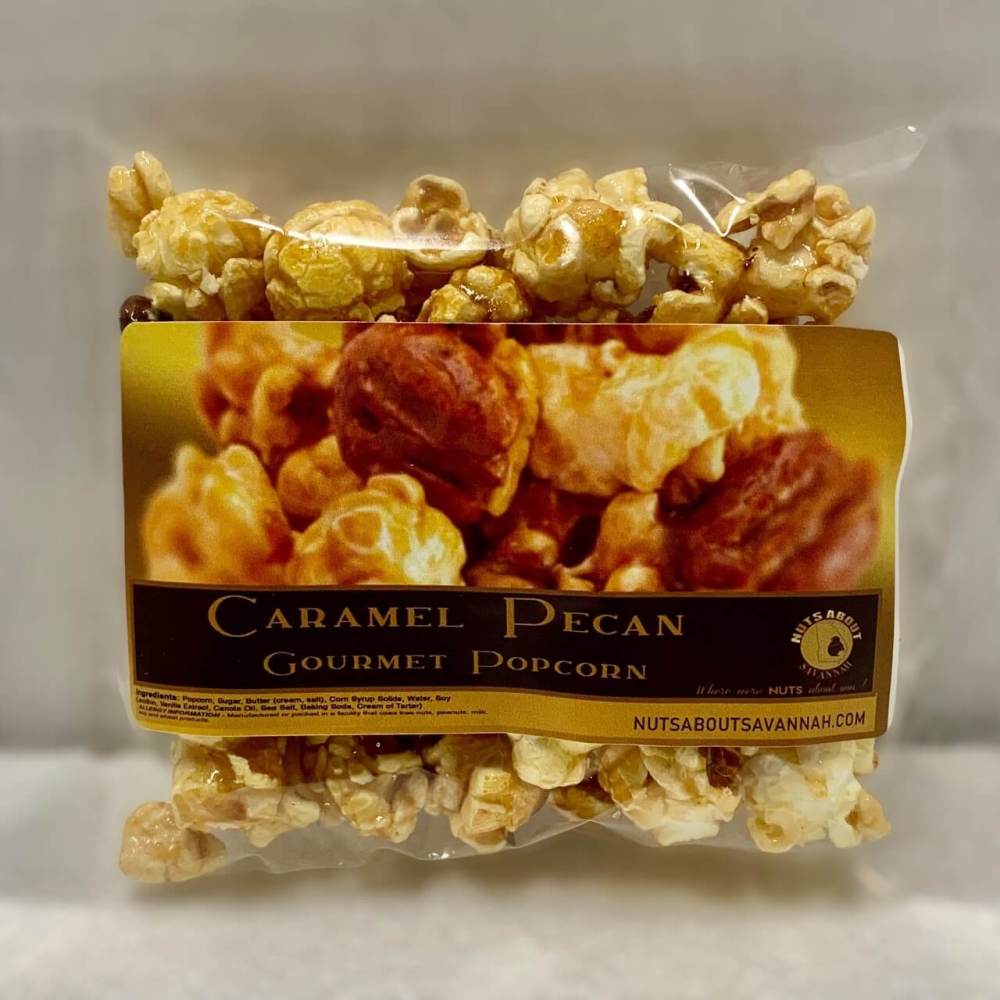 Bag of caramel popcorn with Georgia pecans