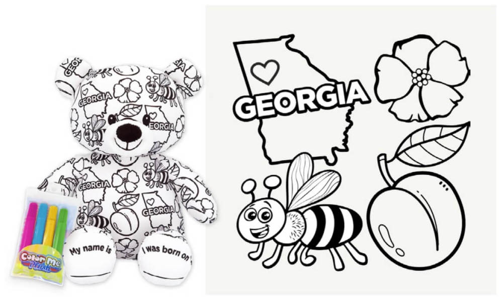 Color Me Georgia teddy bear with coloring graphics of a teddy bear, Georgia outline, bee, peach, and coloring markers.