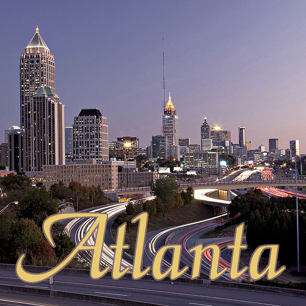 Marble coaster with a night view of the Atlanta skyline and Atlanta in script font