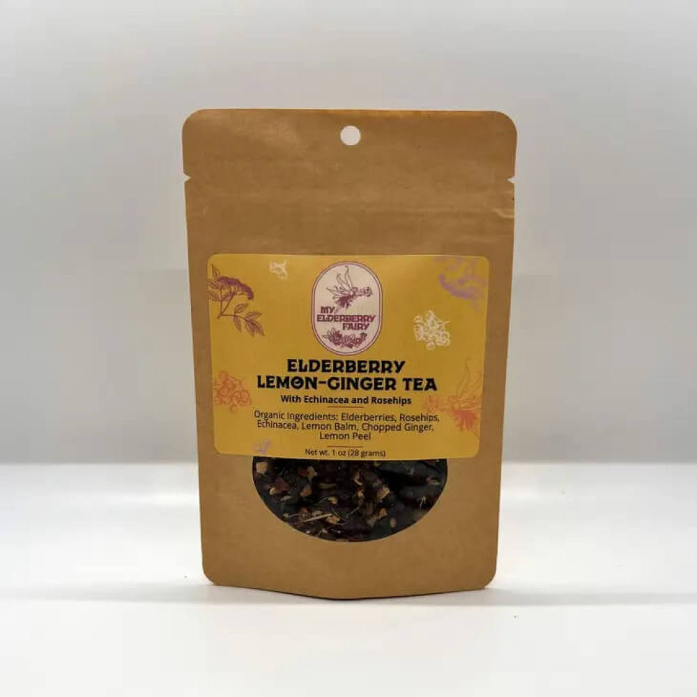 Resealable pouch with clear window shows the lemon ginger elderberry loose tea inside.