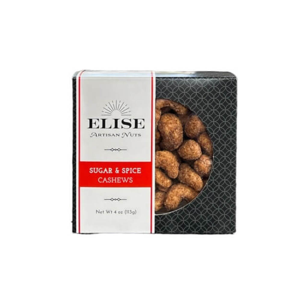 Box of Elise Artisan Nuts Sugar & Spice Cashews on a white background