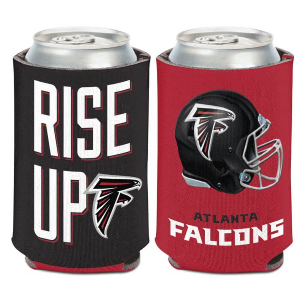 Atlanta Falcons can drink holder in red and black with Rise Slogan and Falcons logo.