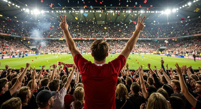 Person in red shirt celebrating with raised hands in a stadium filled with confetti