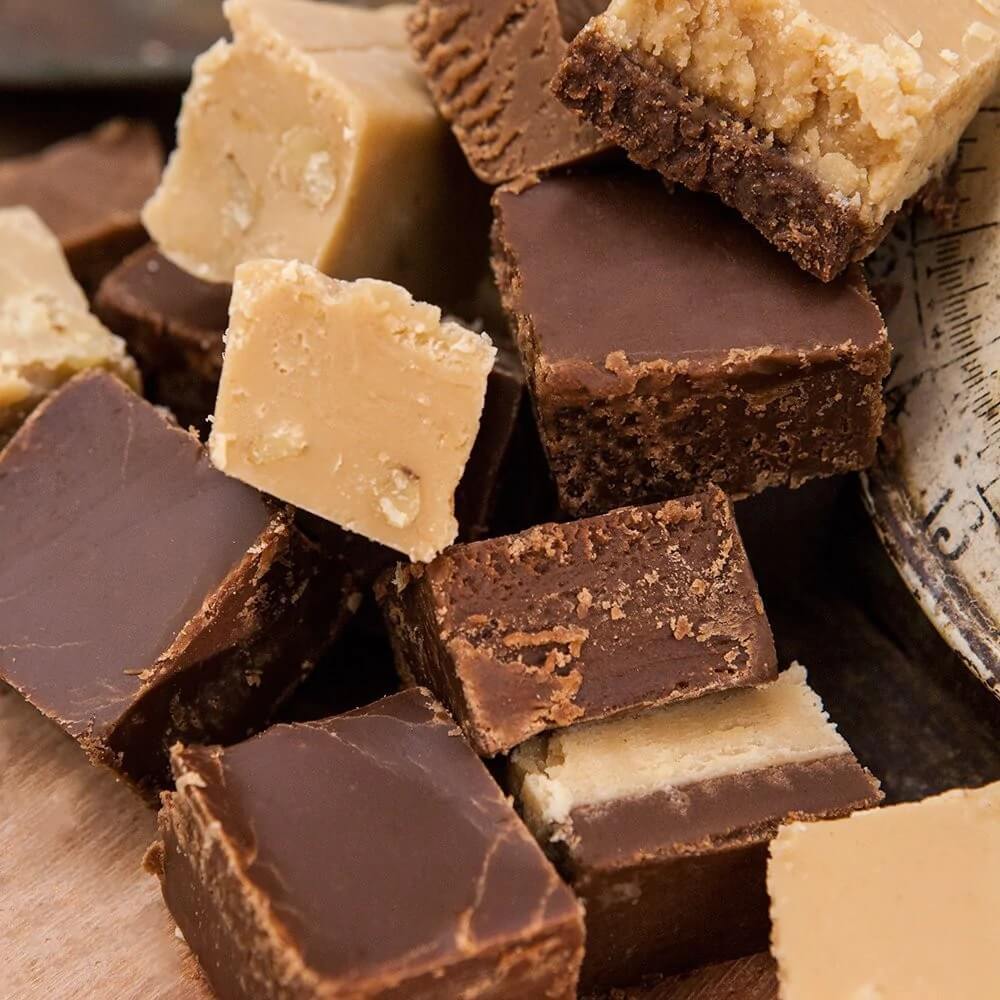 Assorted Gourmet Fudge pieces unwrapped.