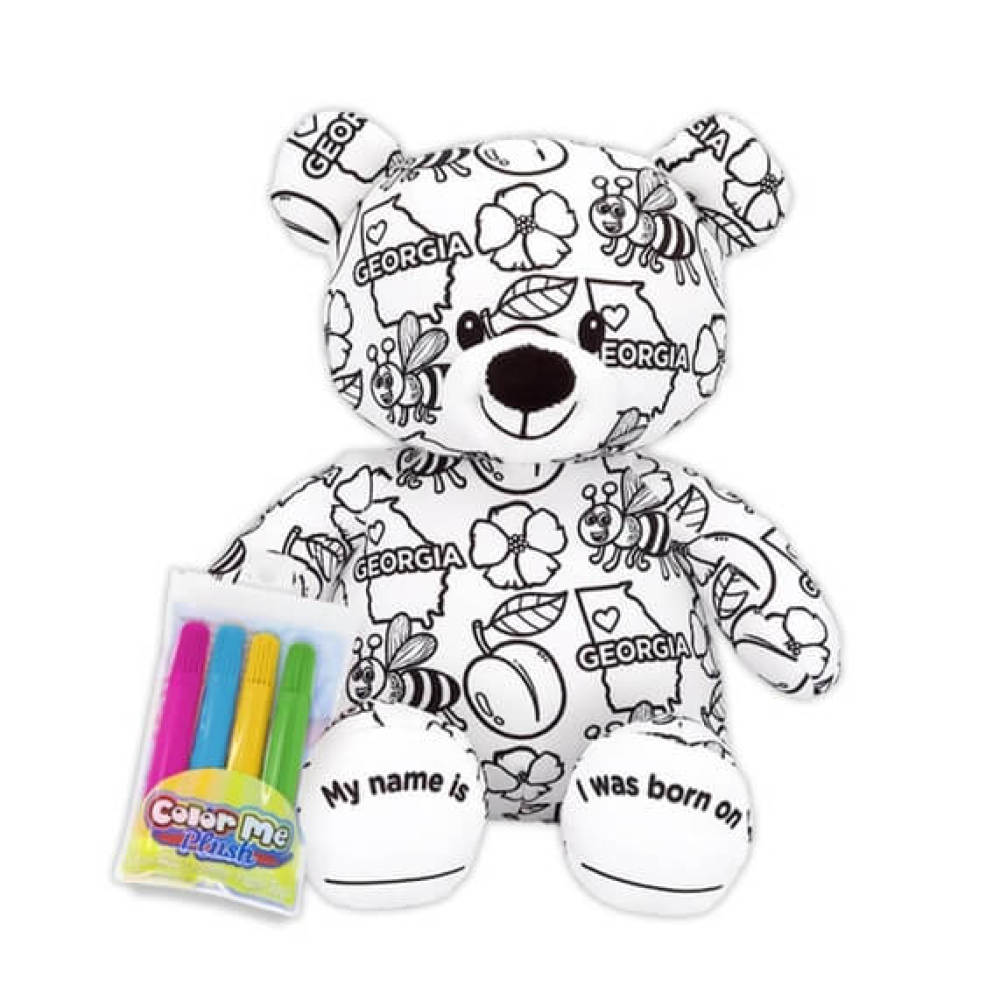 White teddy bear with Georgia icons to color printed in black comes with washable markers