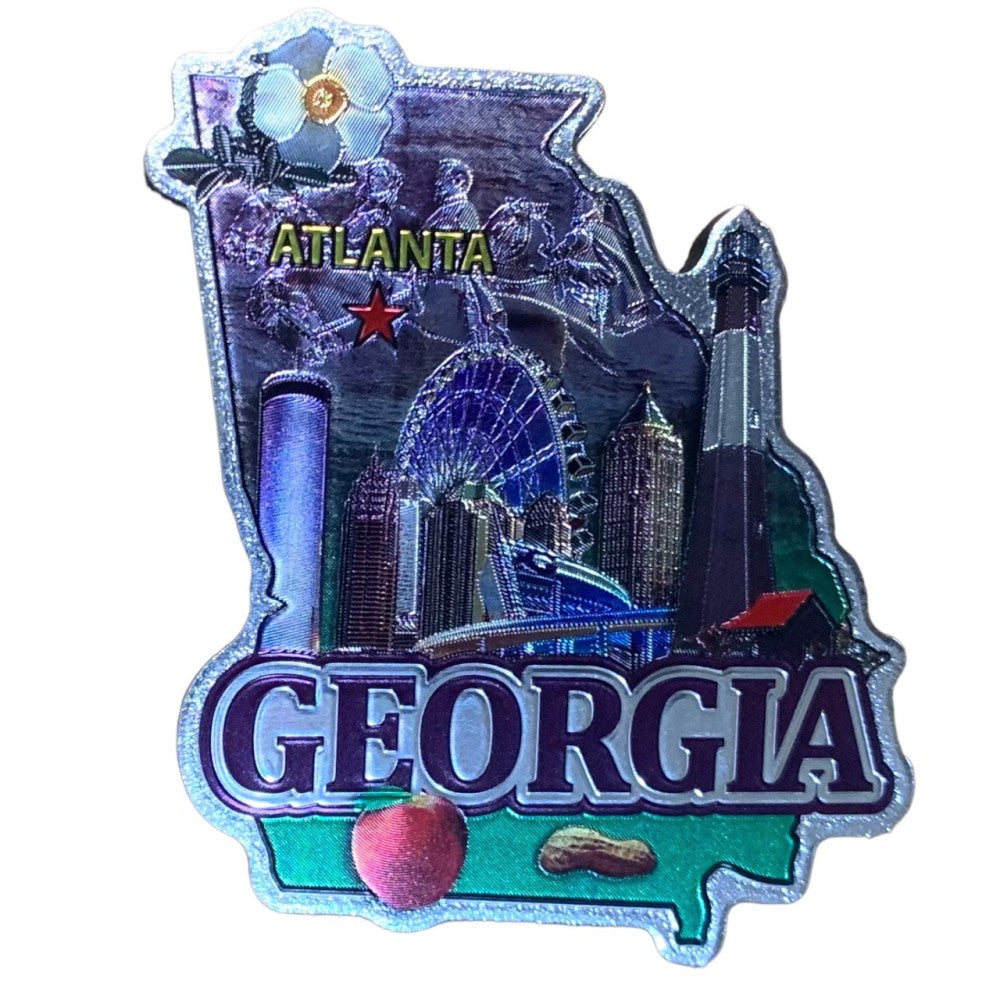 State of Georgia magnet with images of Stone Mountain, Atlanta Skyline, Tybee Island Lighthouse and more.