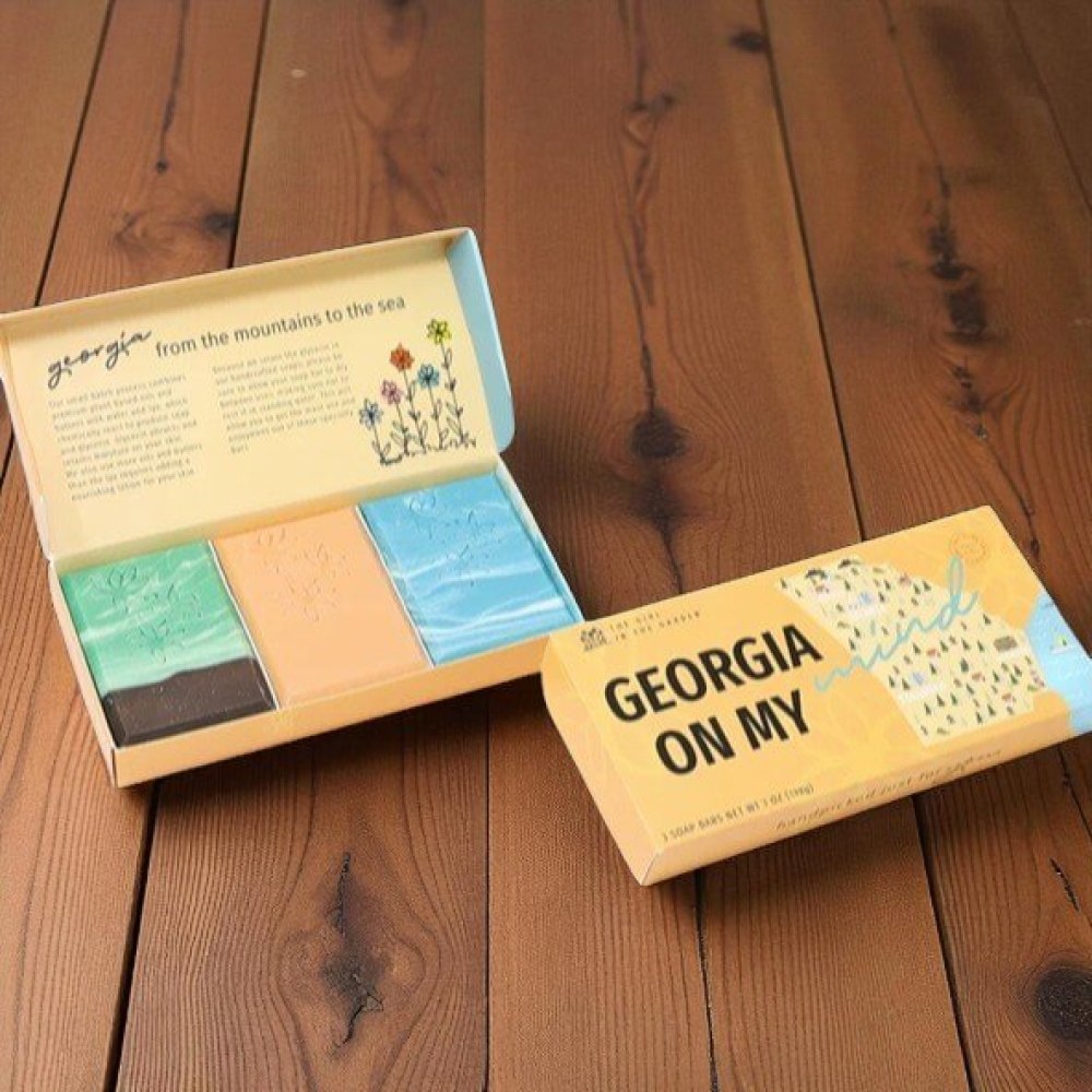 Georgia on my mind gift box with three scented soaps representing the state