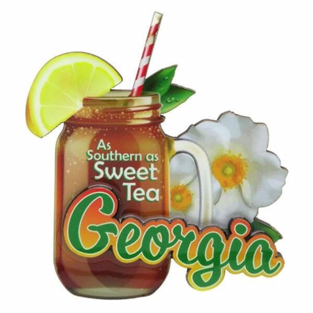 Georgia magnet with die cut image of Mason jar of sweet tea and state name in raised letters