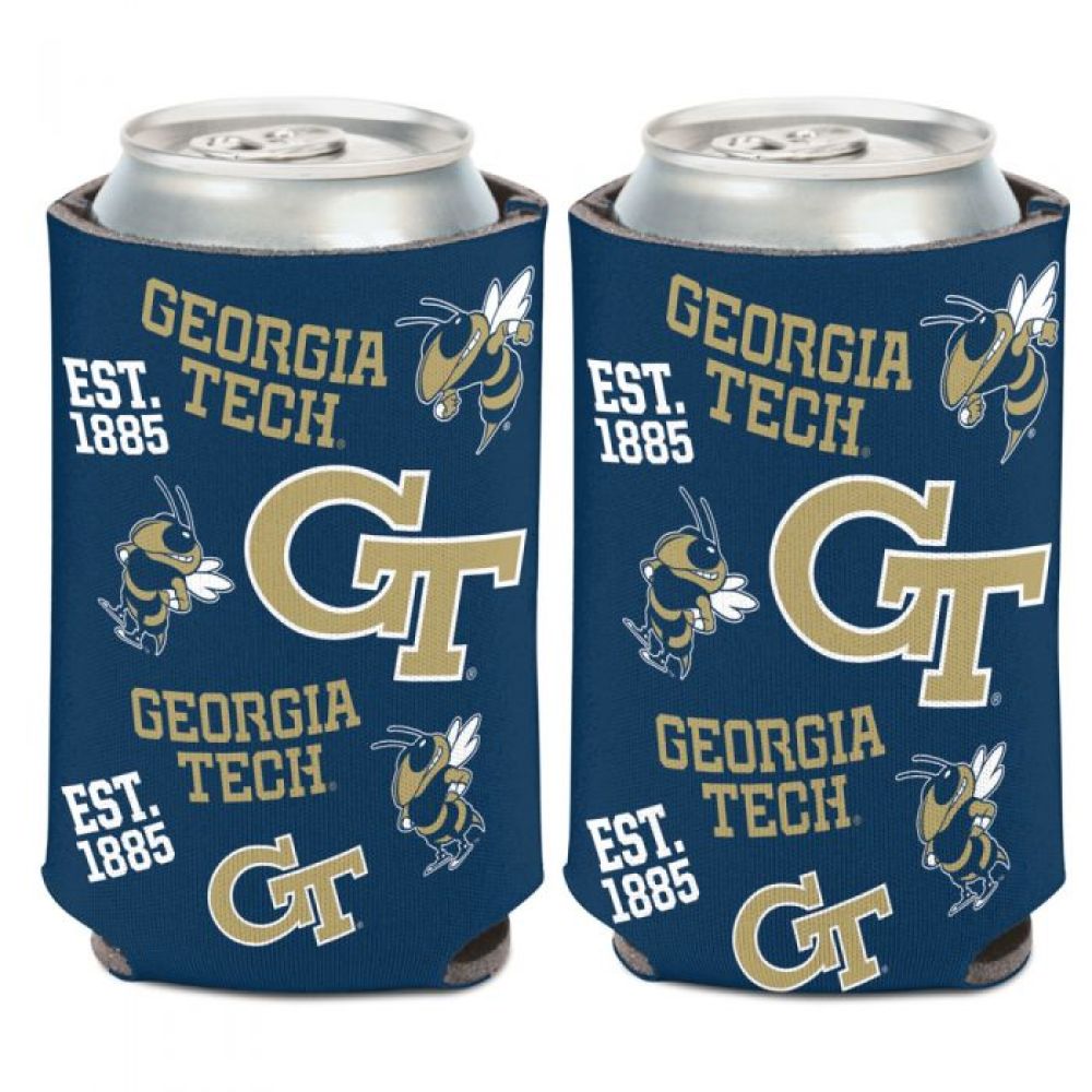 Georgia Tech coozie with gold Georgia Tech mascot and other icon