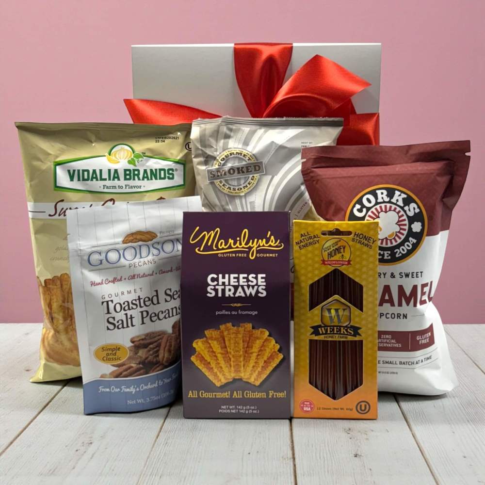 White Gift box with a selection of gluten free foods from Georgia