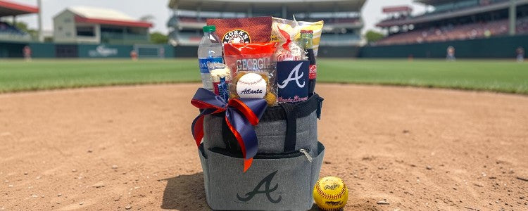 Atlanta Braves cooler bag filled with snacks and drinks on a baseball field