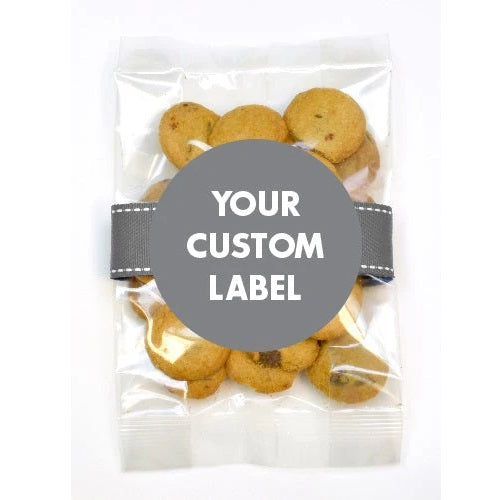 A clear bag of chocolate chip cookies, with a gray circular overlay reading &