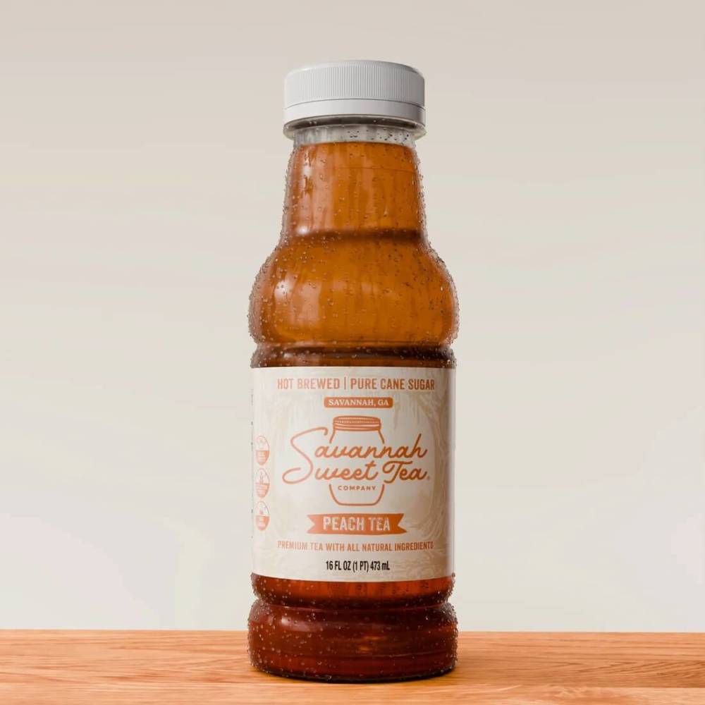 Plastic 20 oz. bottle of peach tea from Savannah Sweet Tea Company