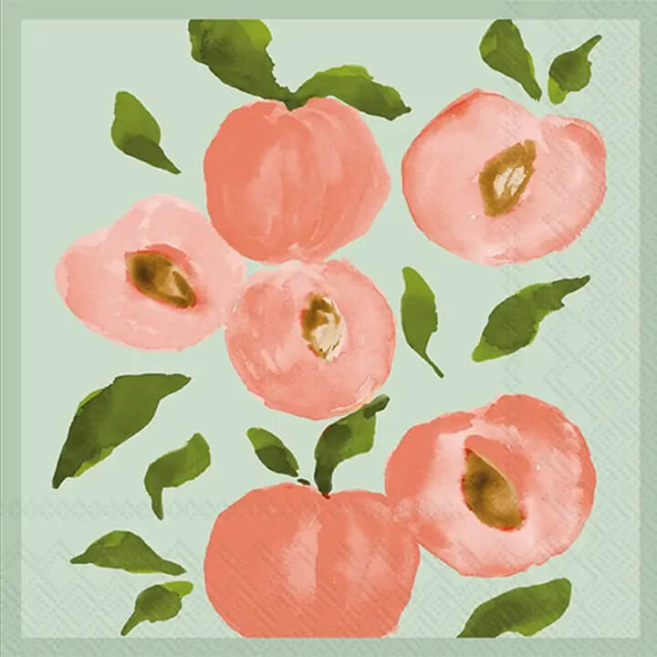 Napkin with watercolor peach illustrations on a light green background