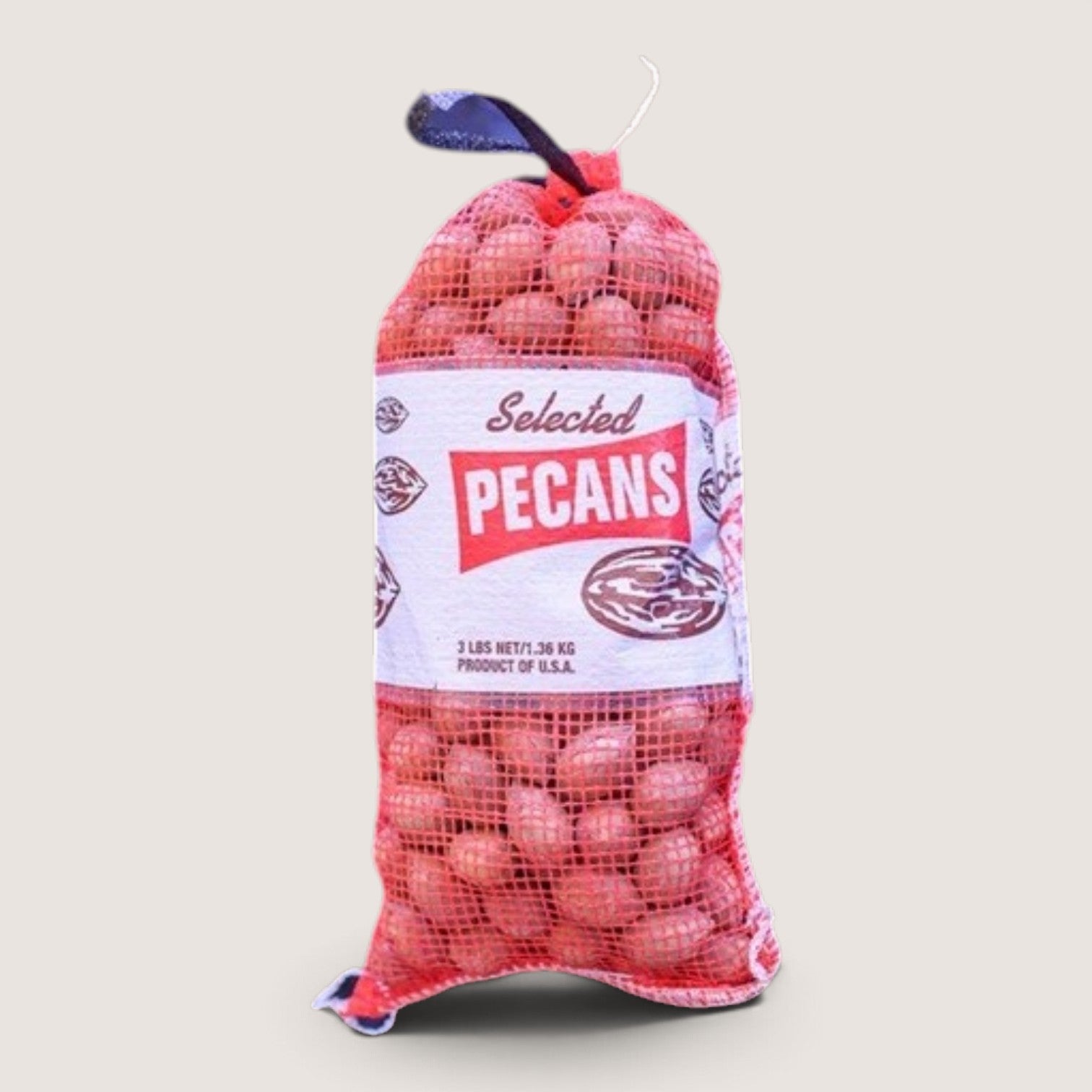 A red mesh bag of Selected Pecans, showing the Georgia pecans inside through the mesh, with a white and red label on a light gray background.