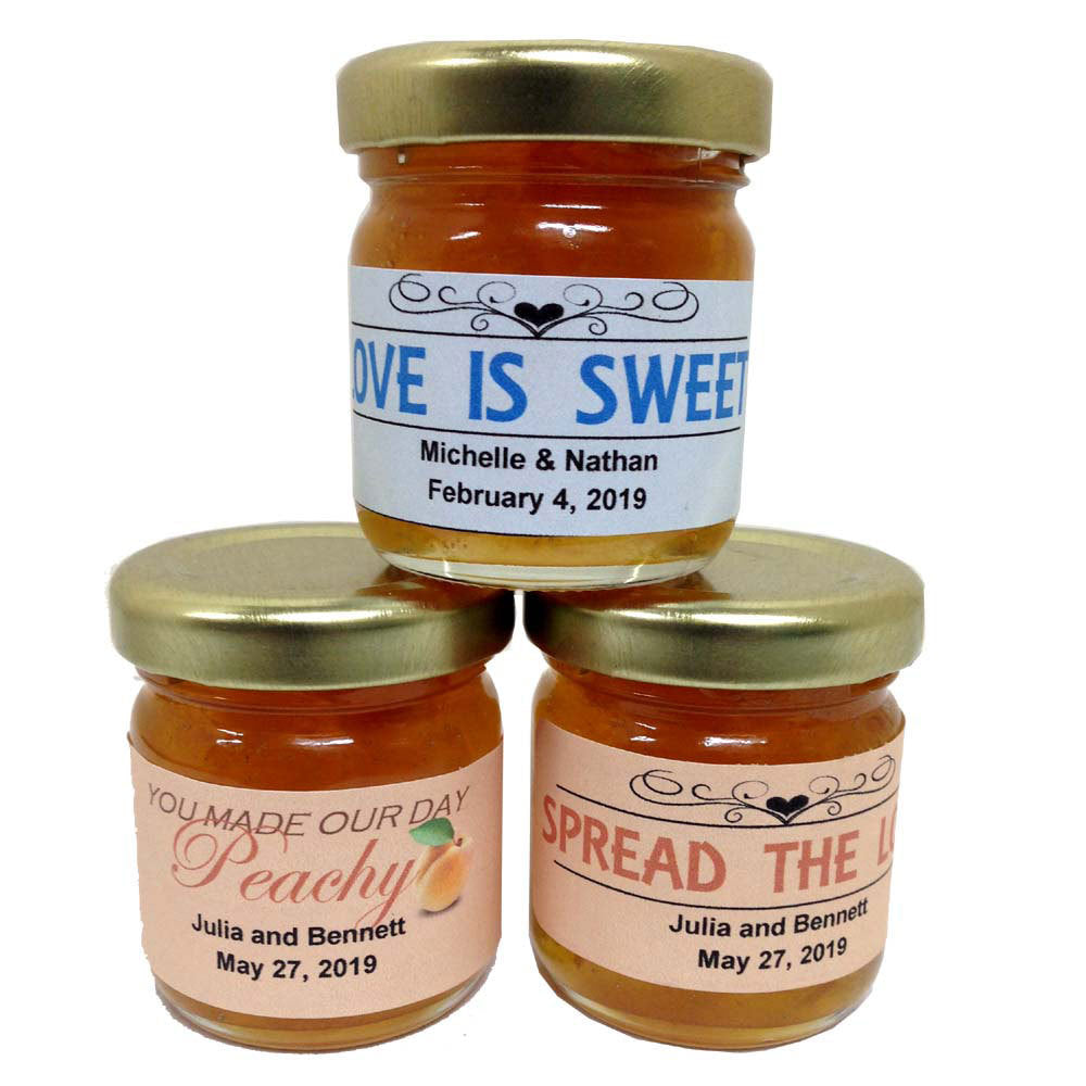 Personalized 2 ounce peach preserve jars with three label options