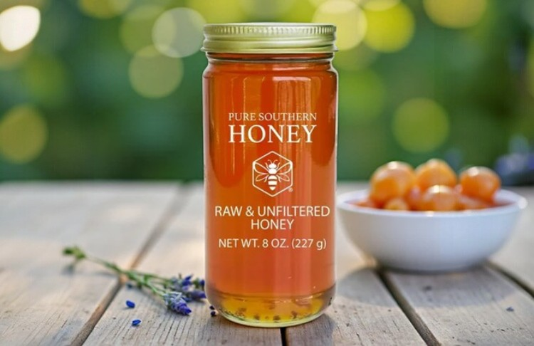 Jar of Pure Southern Honey on a wooden surface with a blurred natural background