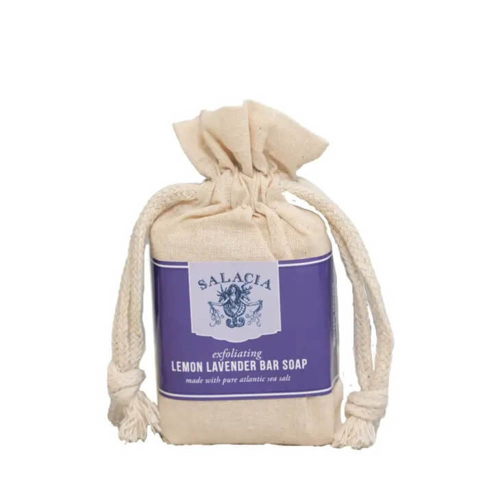 Handmade lemon lavender bar soap packaged in a linen drawstring bag
