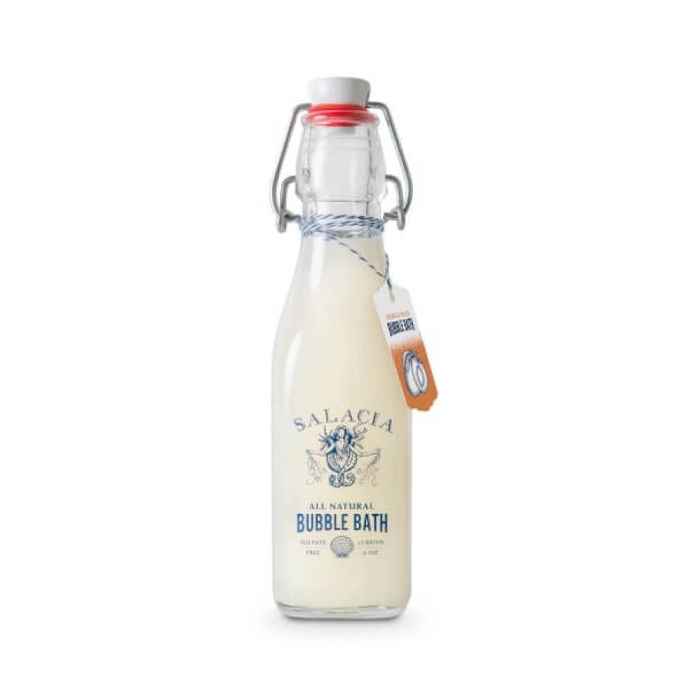 Foaming milk bath with the scent of Georgia peaches comes in a retro-style glass milk bottle