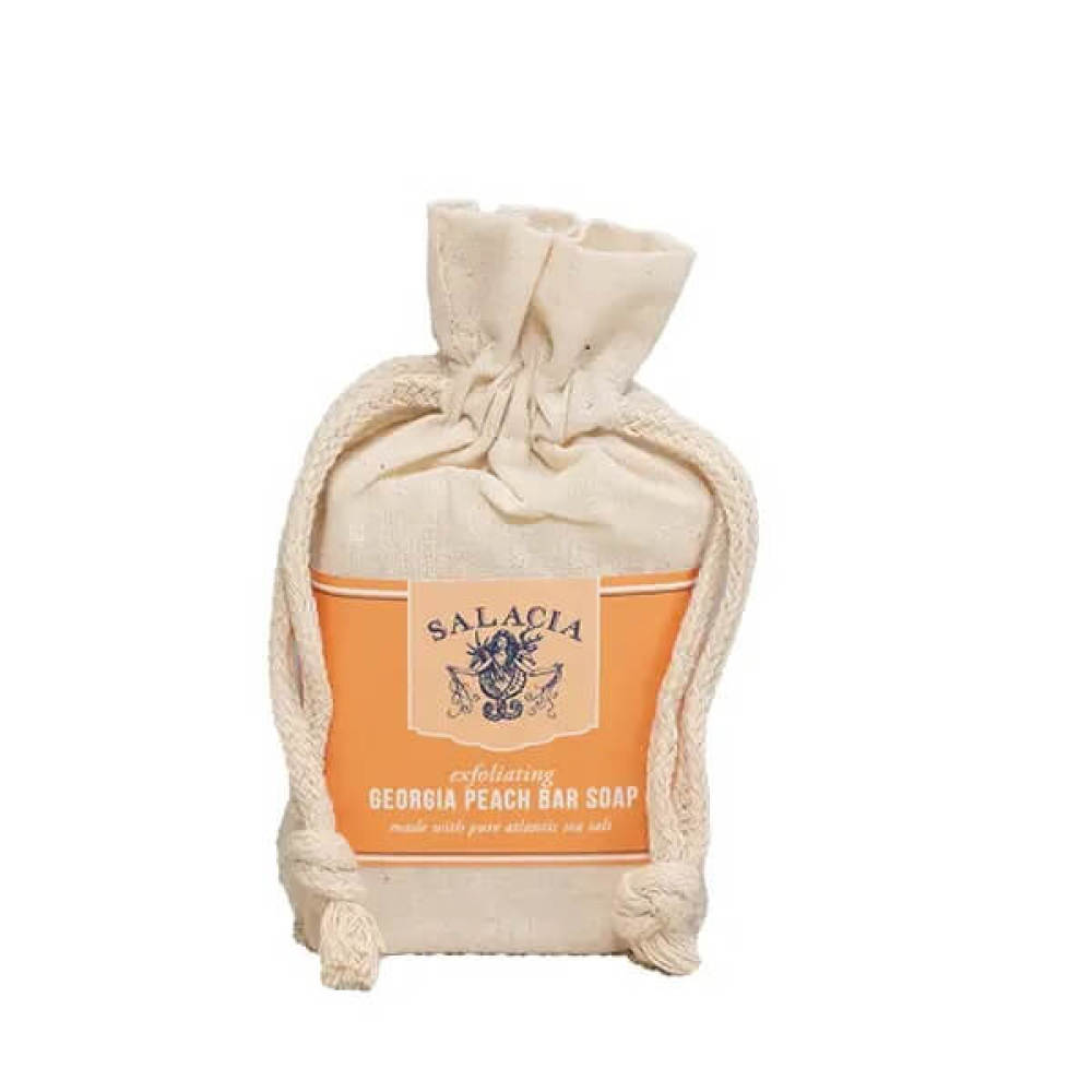 Georgia peach scented bar soap made in Savannah, Georgia is packaged in a linen drawstring bag