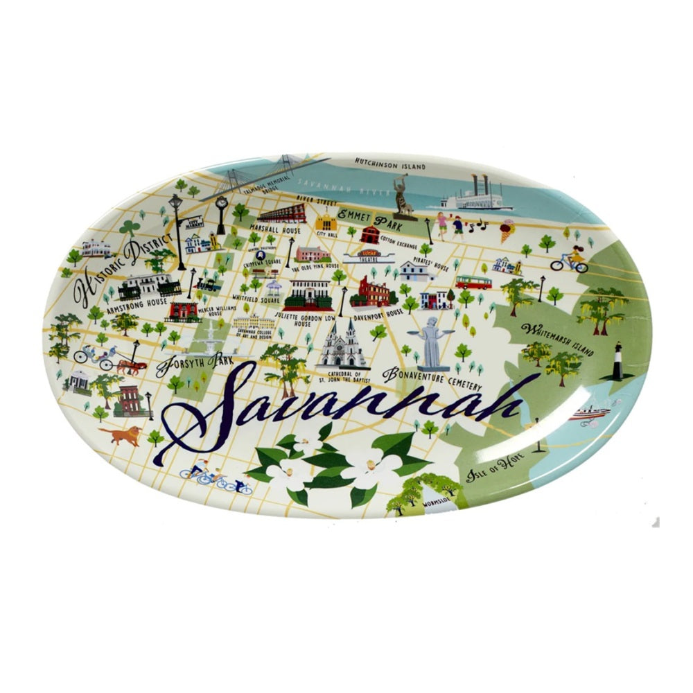 Oval trinket tray features major landmarks of Savannah Georgia