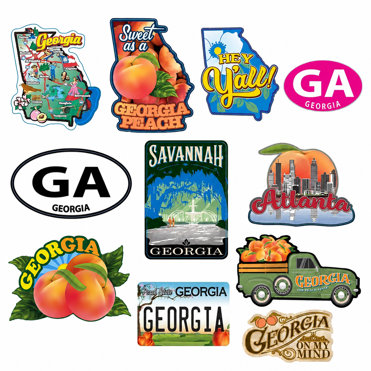 Eleven Georgia-themed sticker designs arranged on a plain white background, including peach shapes, a state outline, a black-and-white oval GA logo, Savannah and Atlanta artwork, a license plate style sticker, a truck with peaches, and a rustic Georgia sign.