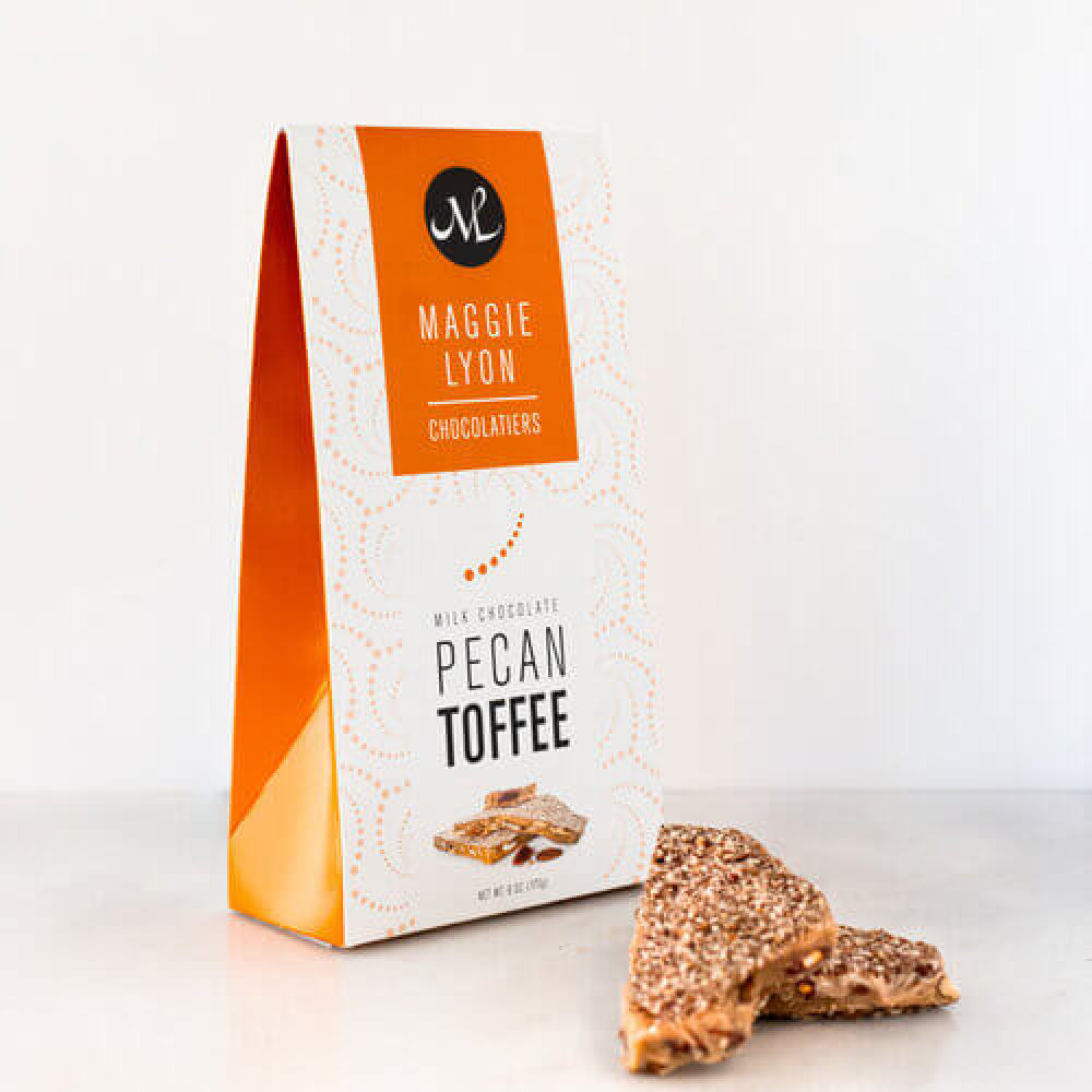 Maggie Lyon Chocolatiers pecan toffee packaging on a white background
