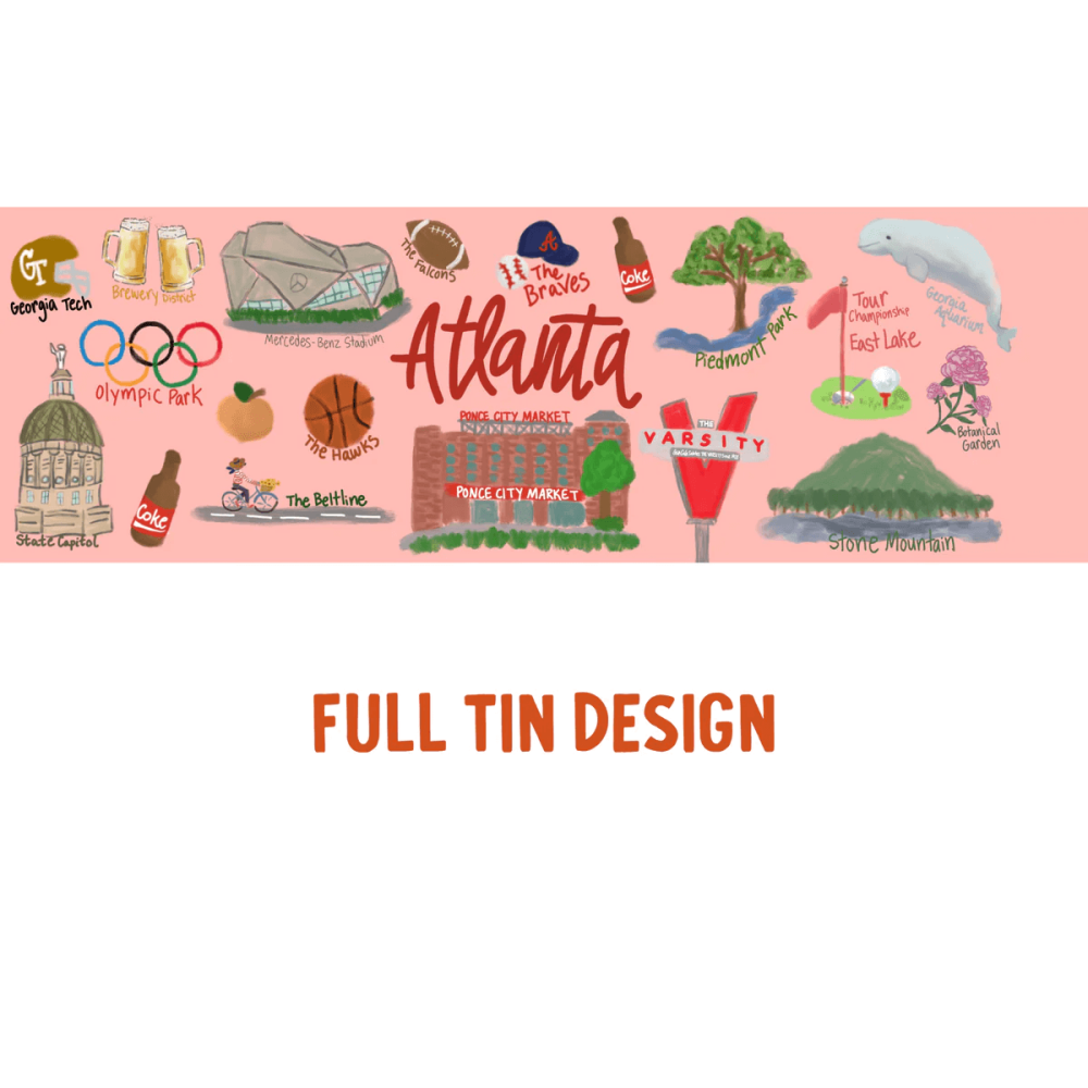 Illustrated design of Atlanta landmarks on a pink background with &