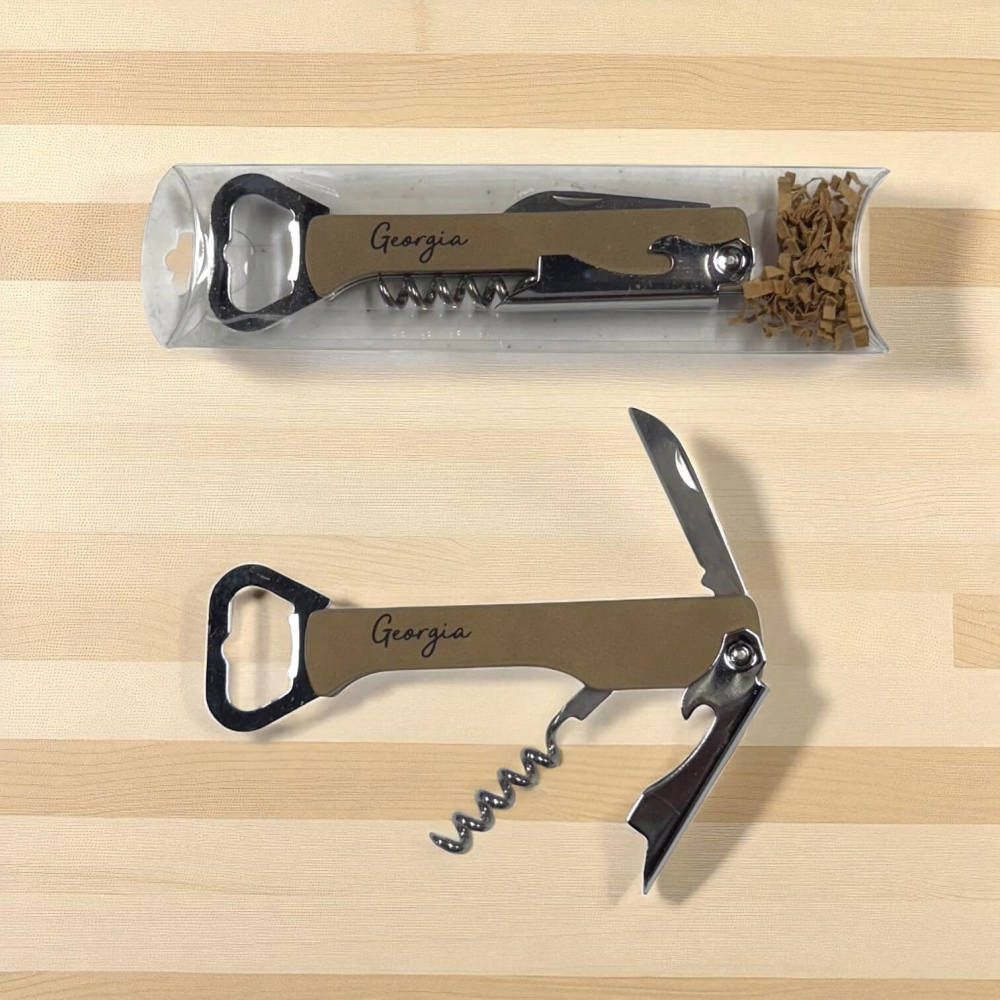 Engraved Georgia wine bottle opener with four-in-one functionality in and out of clear gift box