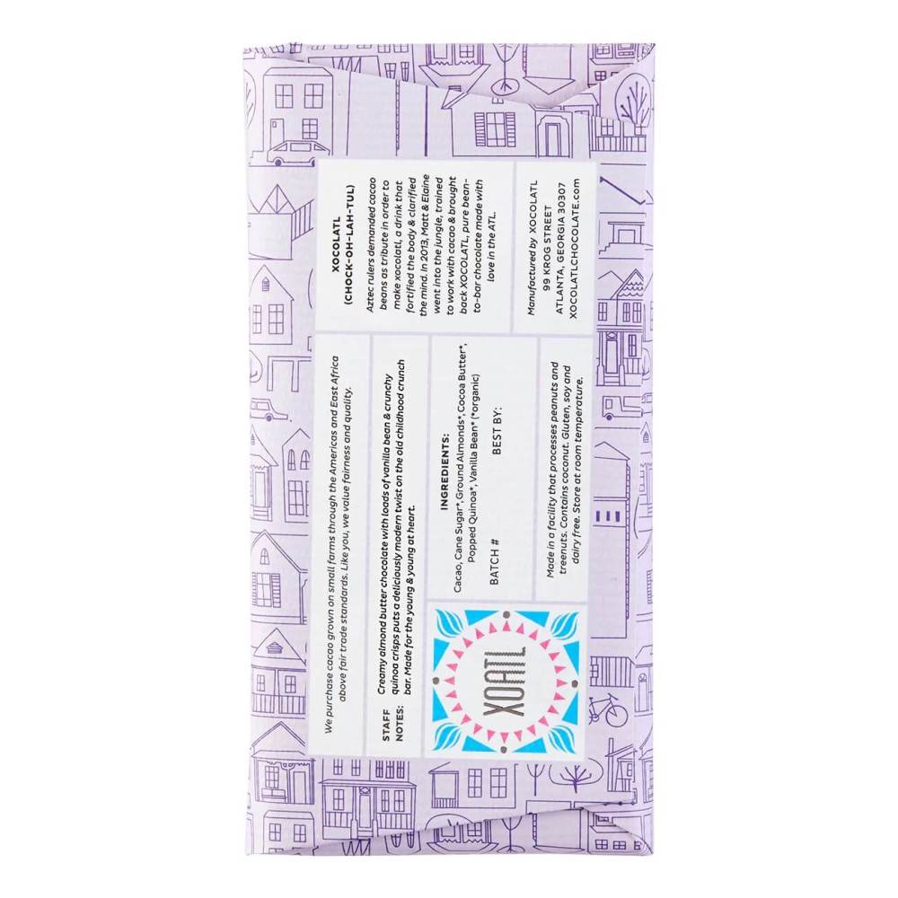 Back label for Crackle and Crunch chocolate bar with a purple and white design on a white background