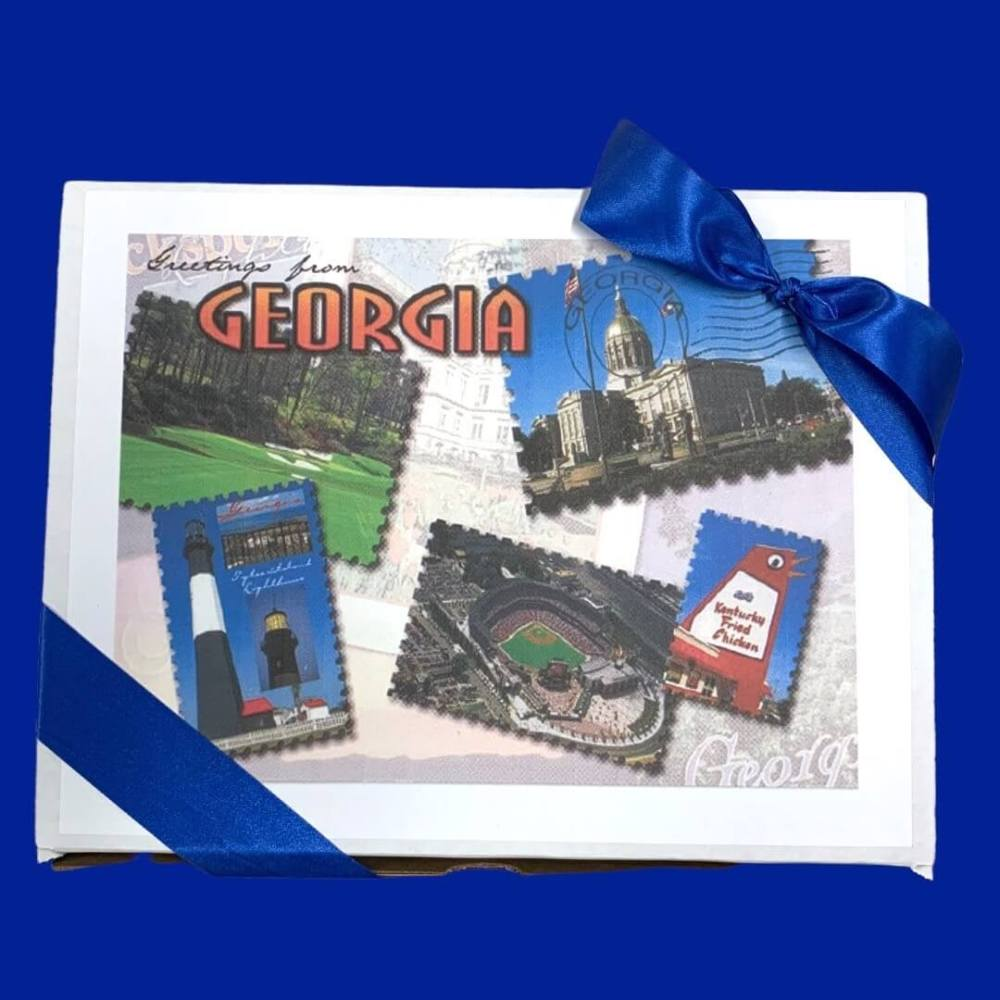 Box with replica of  postcards label that reads &